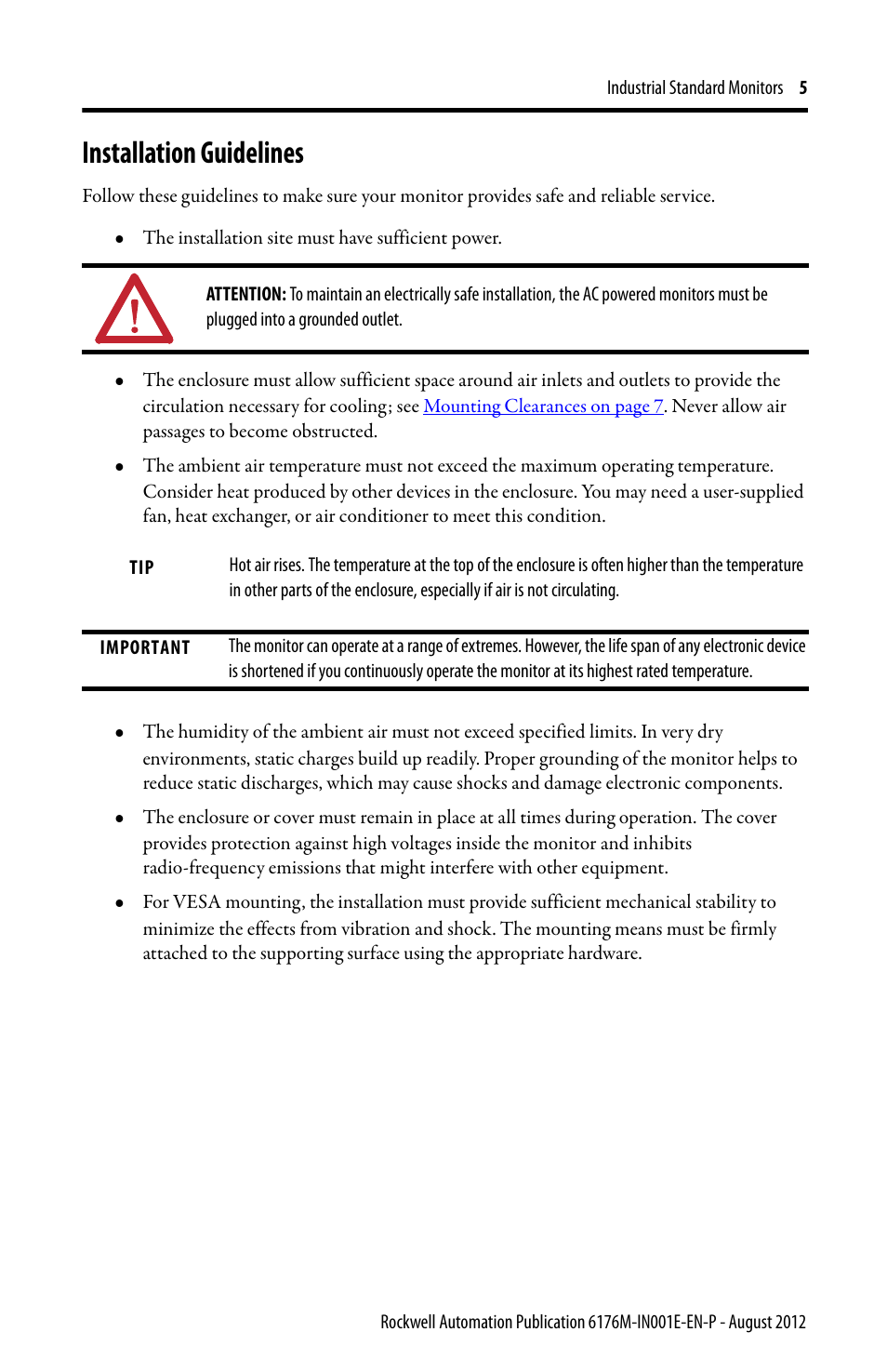 Installation guidelines | Rockwell Automation 6176M-xxxx Standard Industrial Monitors Installation Instructions User Manual | Page 5 / 24