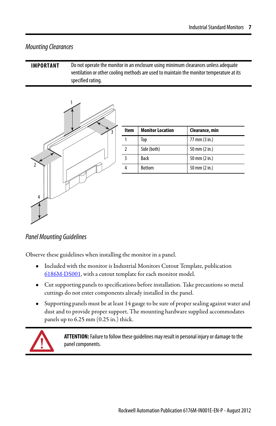 Mounting clearances panel mounting guidelines | Rockwell Automation 6176M-xxxx Standard Industrial Monitors Installation Instructions User Manual | Page 7 / 24