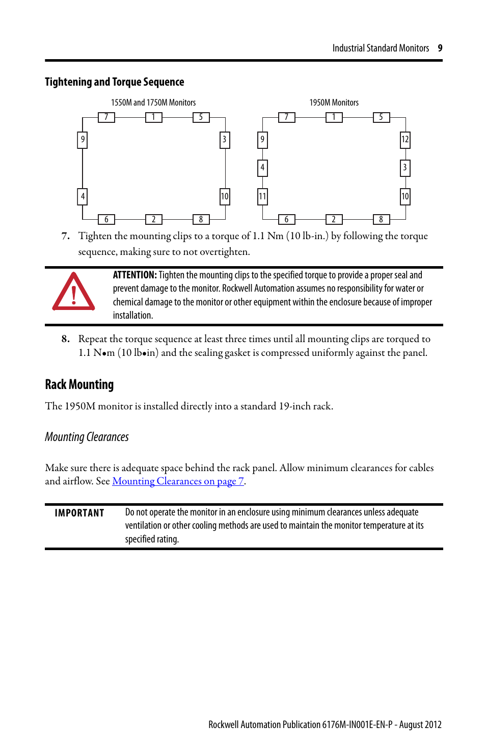 Rack mounting, Mounting clearances | Rockwell Automation 6176M-xxxx Standard Industrial Monitors Installation Instructions User Manual | Page 9 / 24