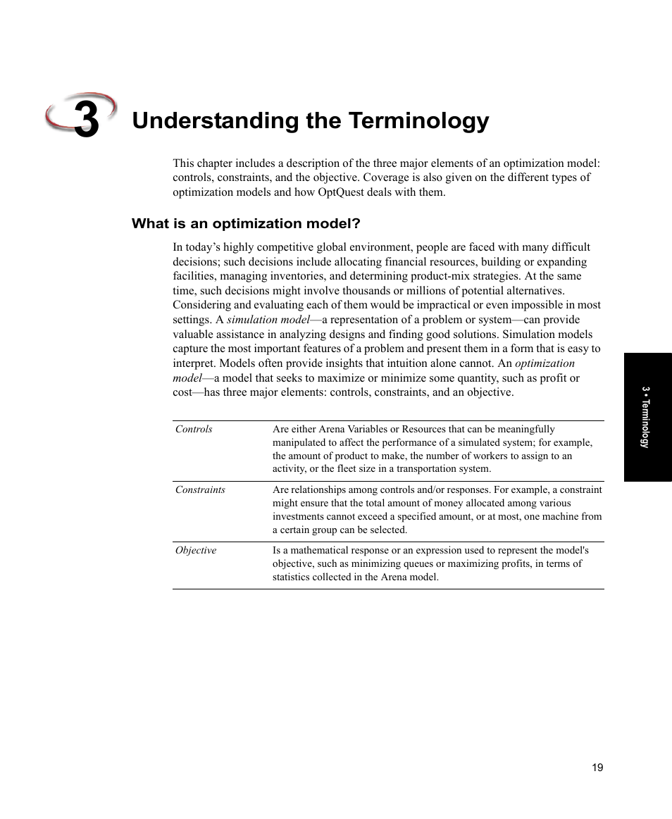 Understanding the terminology, What is an optimization model | Rockwell Automation Arena OptQuest Users Guide User Manual | Page 23 / 54
