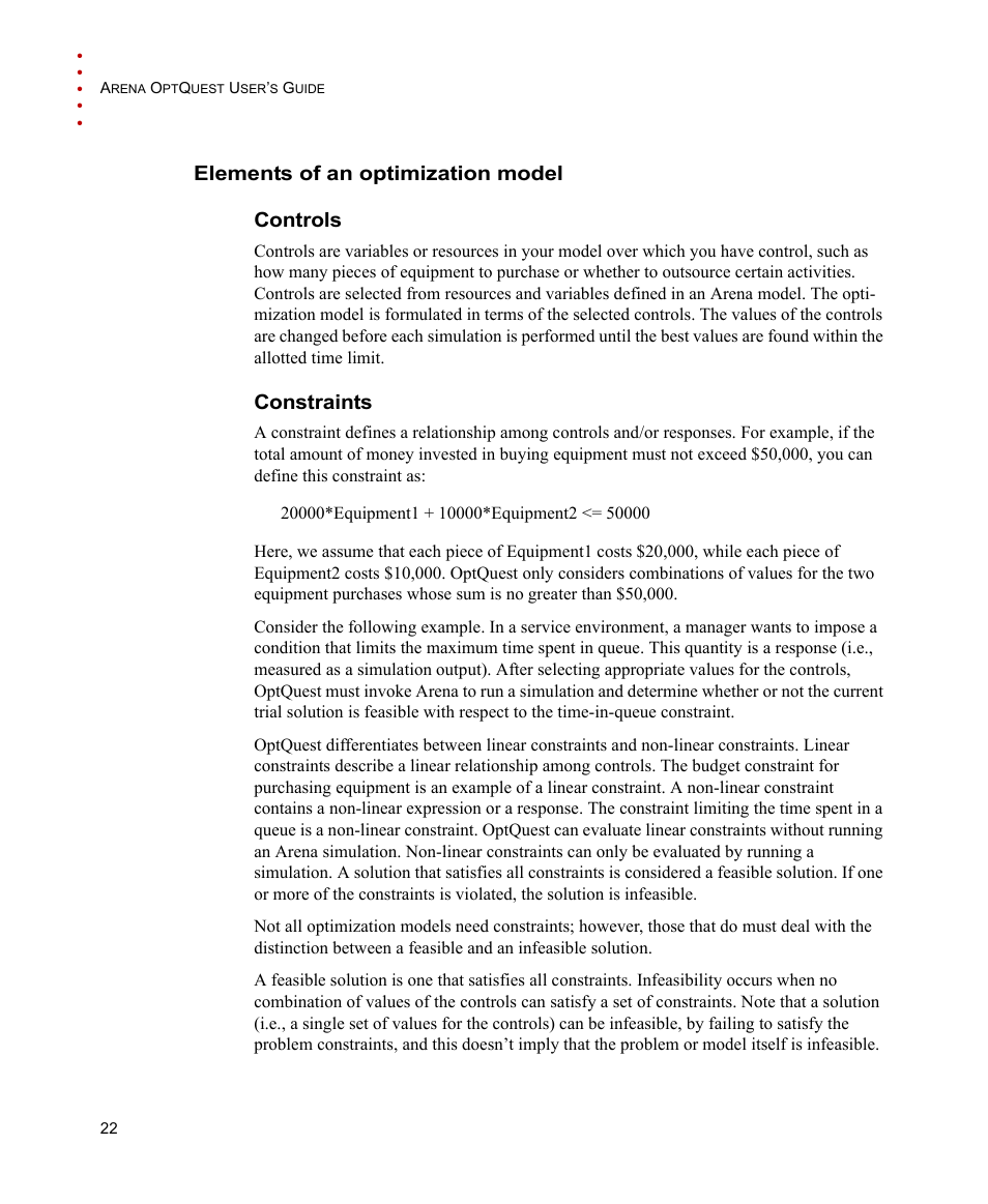 Elements of an optimization model, Controls, Constraints | Controls constraints, Elements of an optimization model controls | Rockwell Automation Arena OptQuest Users Guide User Manual | Page 26 / 54