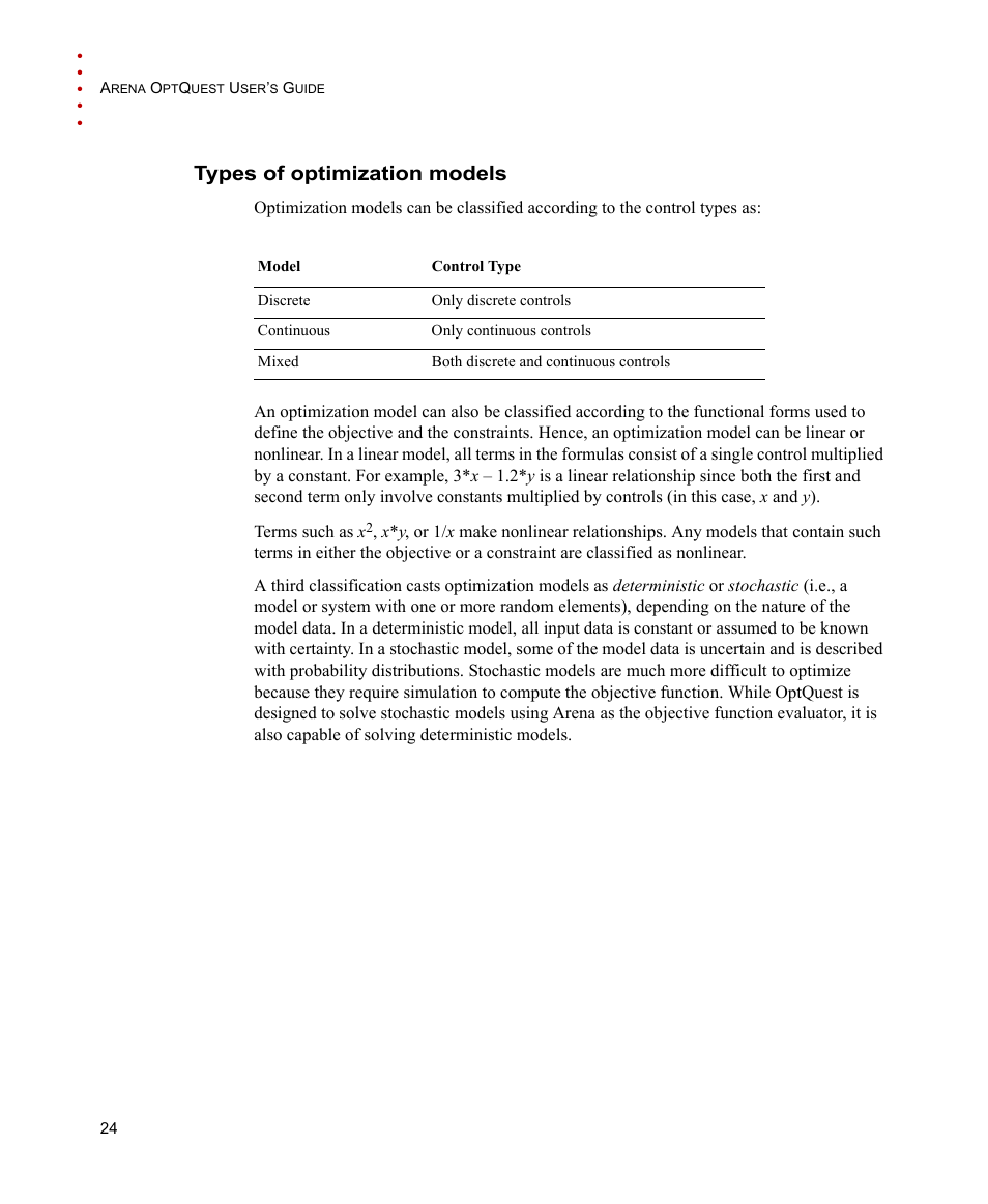 Types of optimization models | Rockwell Automation Arena OptQuest Users Guide User Manual | Page 28 / 54