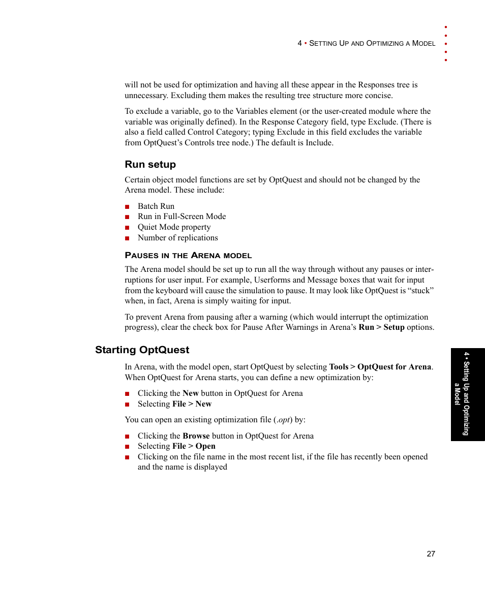 Run setup, Starting optquest | Rockwell Automation Arena OptQuest Users Guide User Manual | Page 31 / 54