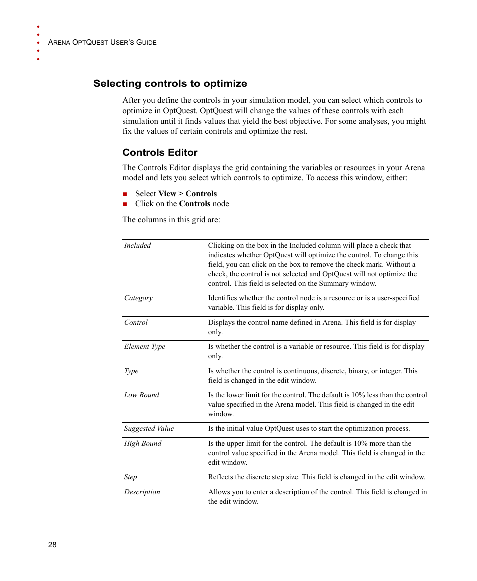 Selecting controls to optimize, Controls editor | Rockwell Automation Arena OptQuest Users Guide User Manual | Page 32 / 54