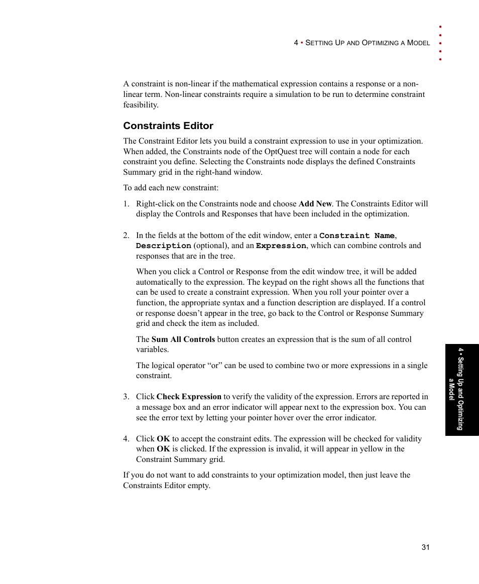 Constraints editor | Rockwell Automation Arena OptQuest Users Guide User Manual | Page 35 / 54