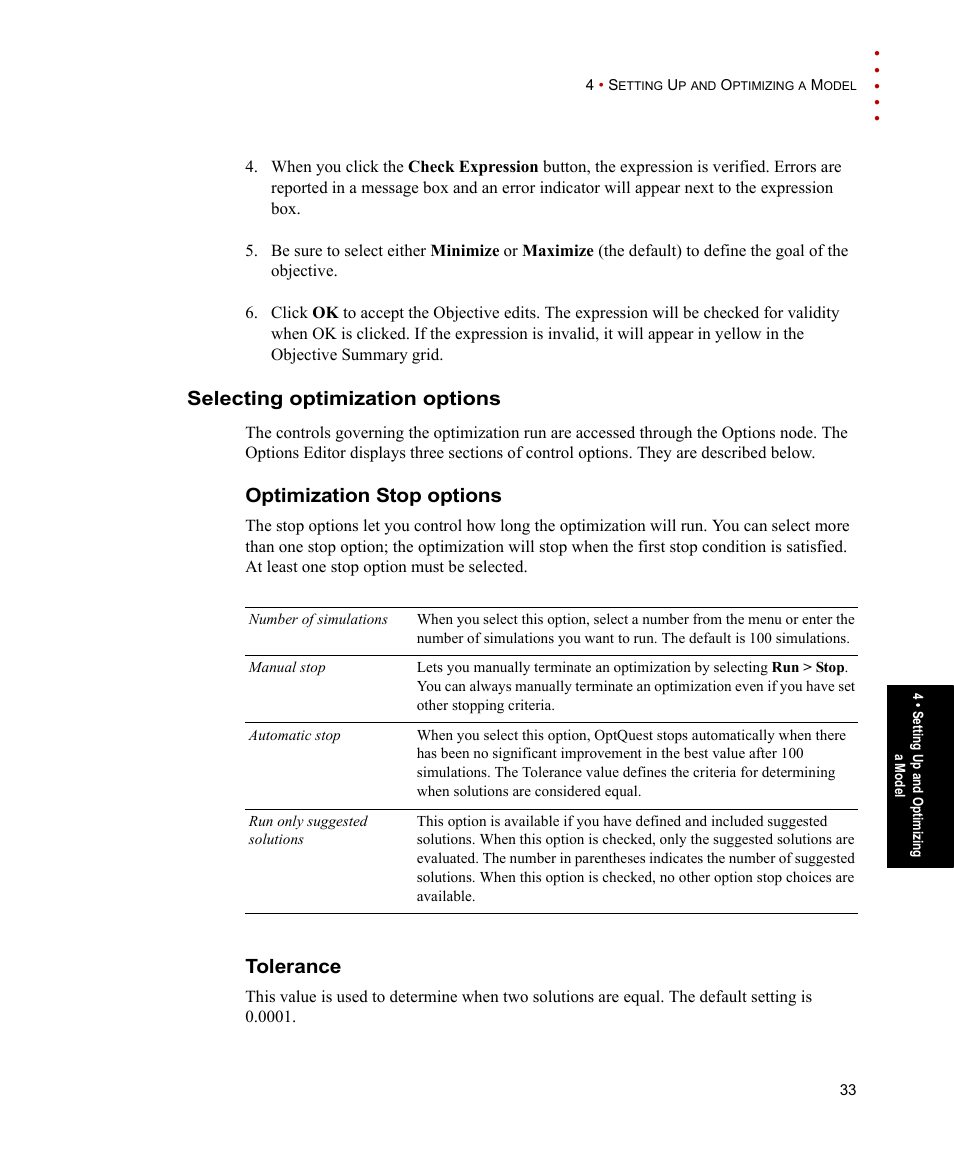 Selecting optimization options, Optimization stop options, Tolerance | Optimization stop options tolerance | Rockwell Automation Arena OptQuest Users Guide User Manual | Page 37 / 54