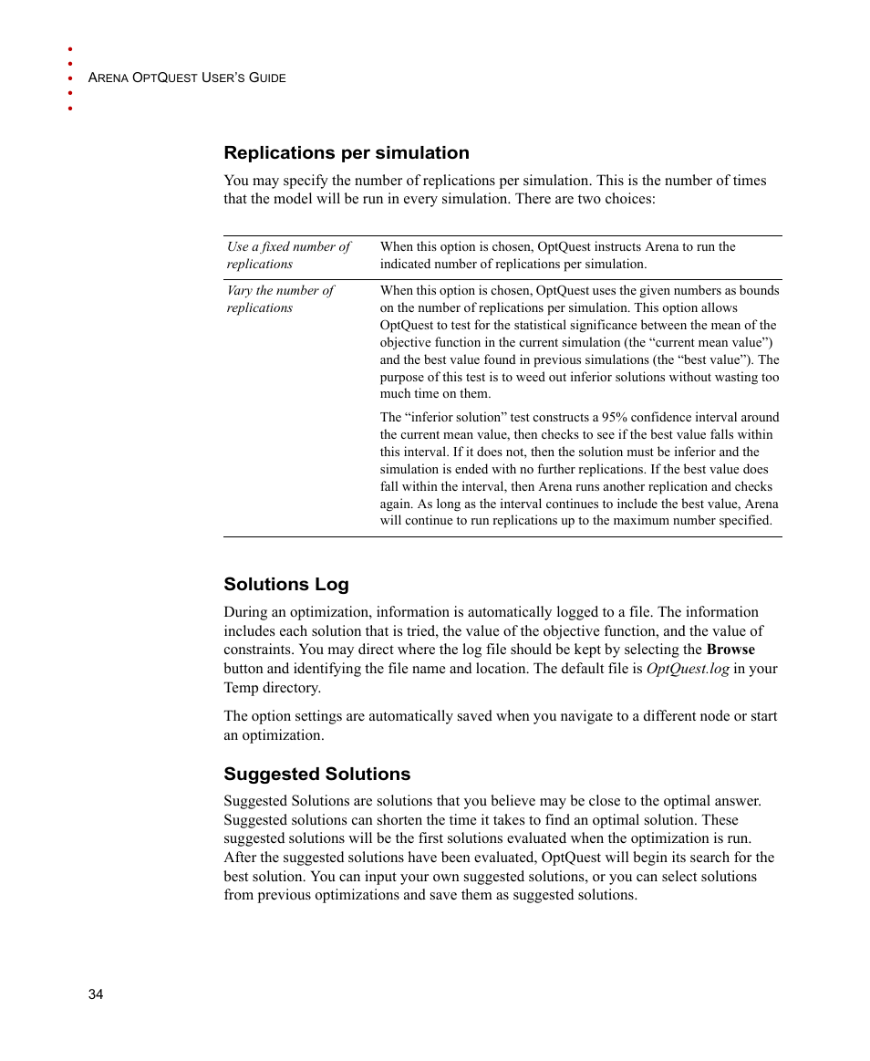 Replications per simulation, Solutions log, Suggested solutions | Rockwell Automation Arena OptQuest Users Guide User Manual | Page 38 / 54