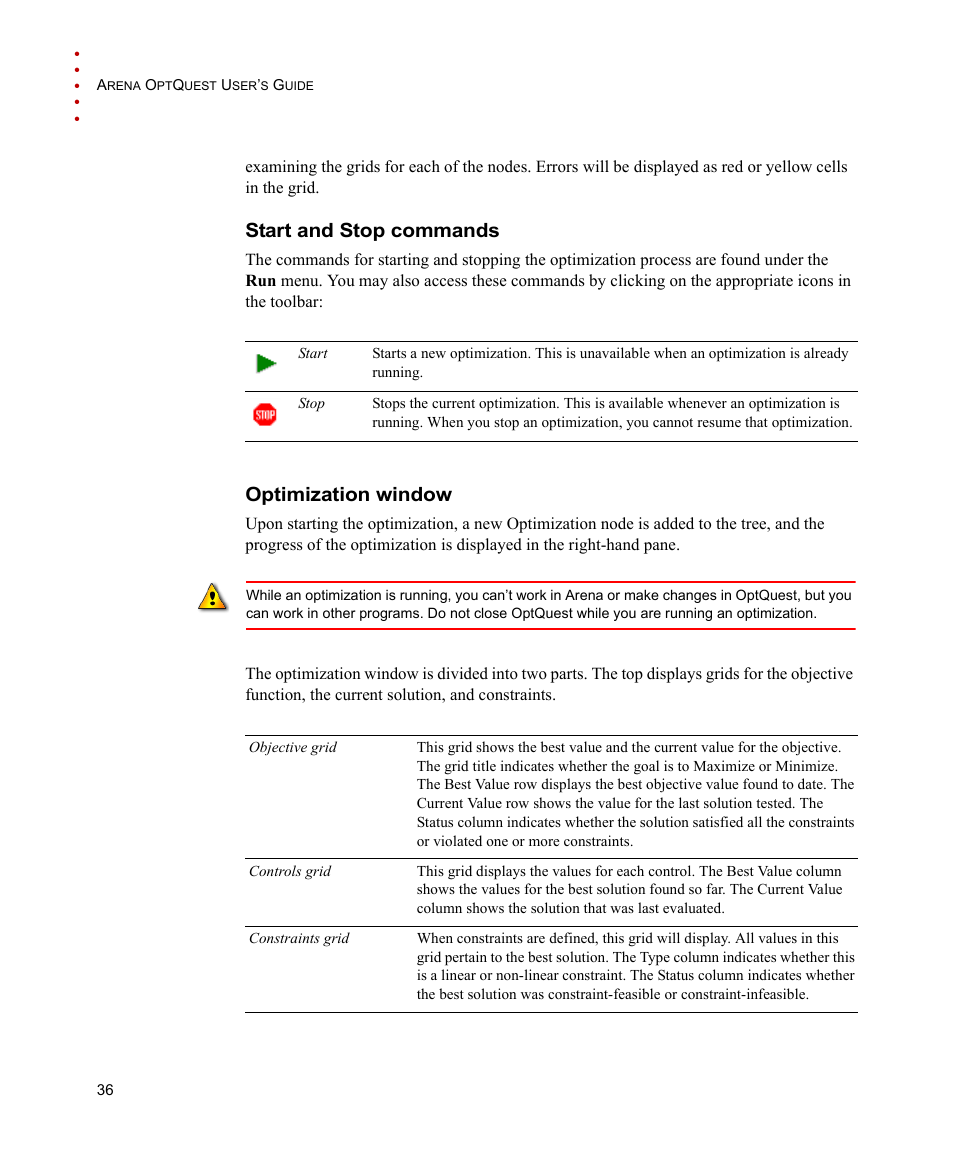 Start and stop commands, Optimization window, Start and stop commands optimization window | Rockwell Automation Arena OptQuest Users Guide User Manual | Page 40 / 54