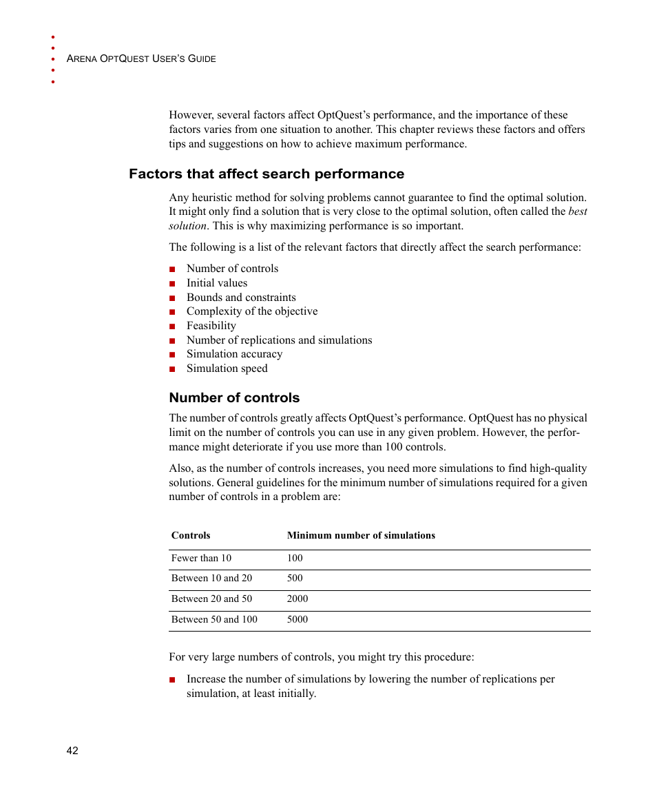 Factors that affect search performance, Number of controls | Rockwell Automation Arena OptQuest Users Guide User Manual | Page 46 / 54