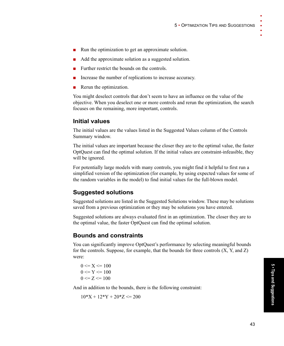 Initial values, Suggested solutions, Bounds and constraints | Rockwell Automation Arena OptQuest Users Guide User Manual | Page 47 / 54