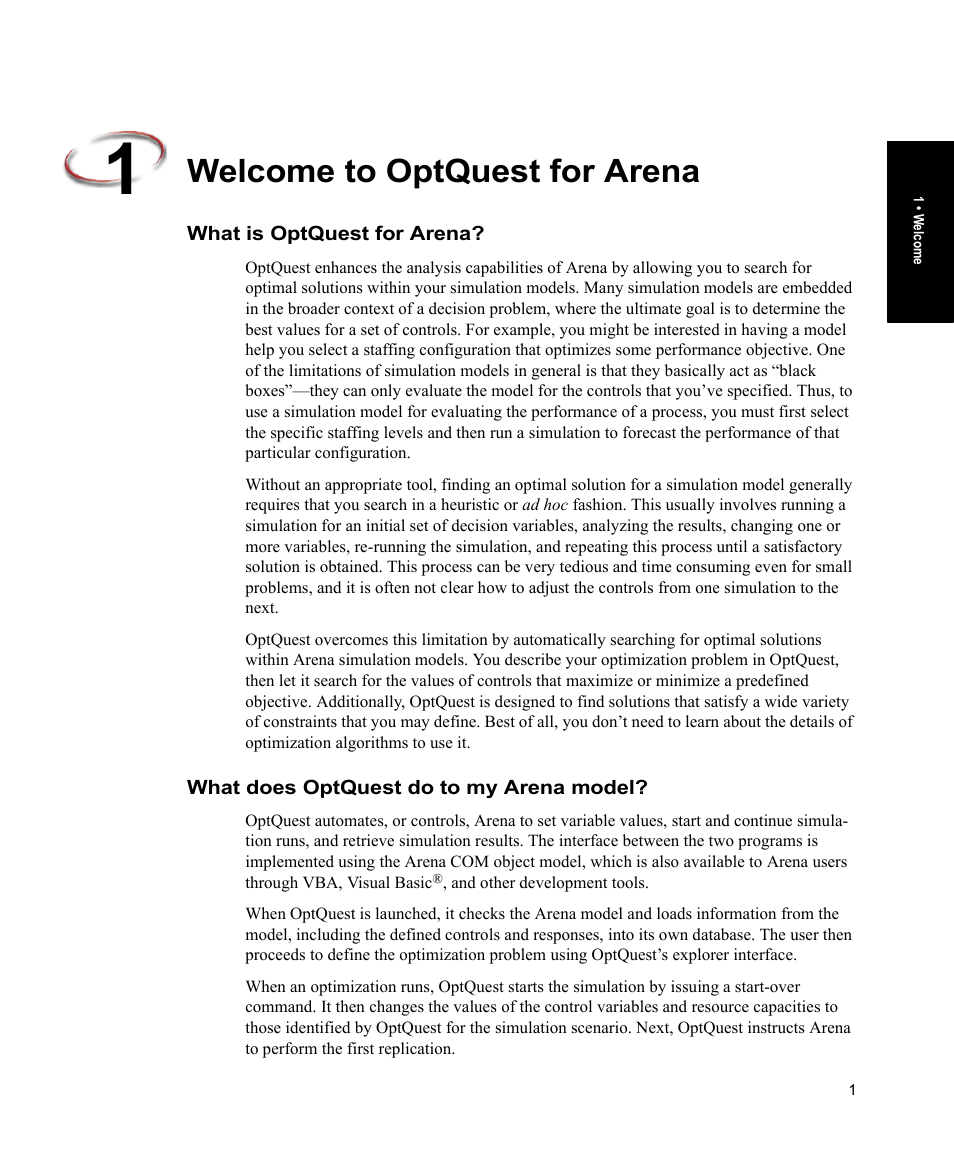 Welcome to optquest for arena, What is optquest for arena, What does optquest do to my arena model | Rockwell Automation Arena OptQuest Users Guide User Manual | Page 5 / 54