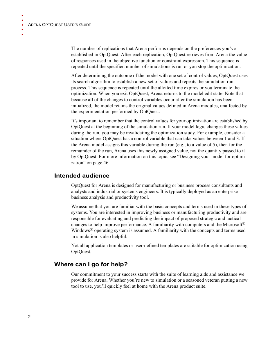 Intended audience, Where can i go for help, Intended audience where can i go for help | Rockwell Automation Arena OptQuest Users Guide User Manual | Page 6 / 54