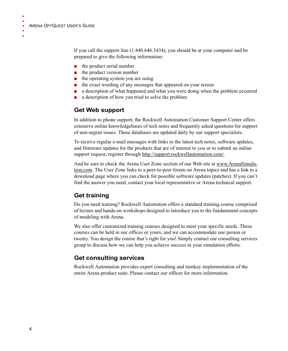 Get web support, Get training, Get consulting services | Rockwell Automation Arena OptQuest Users Guide User Manual | Page 8 / 54