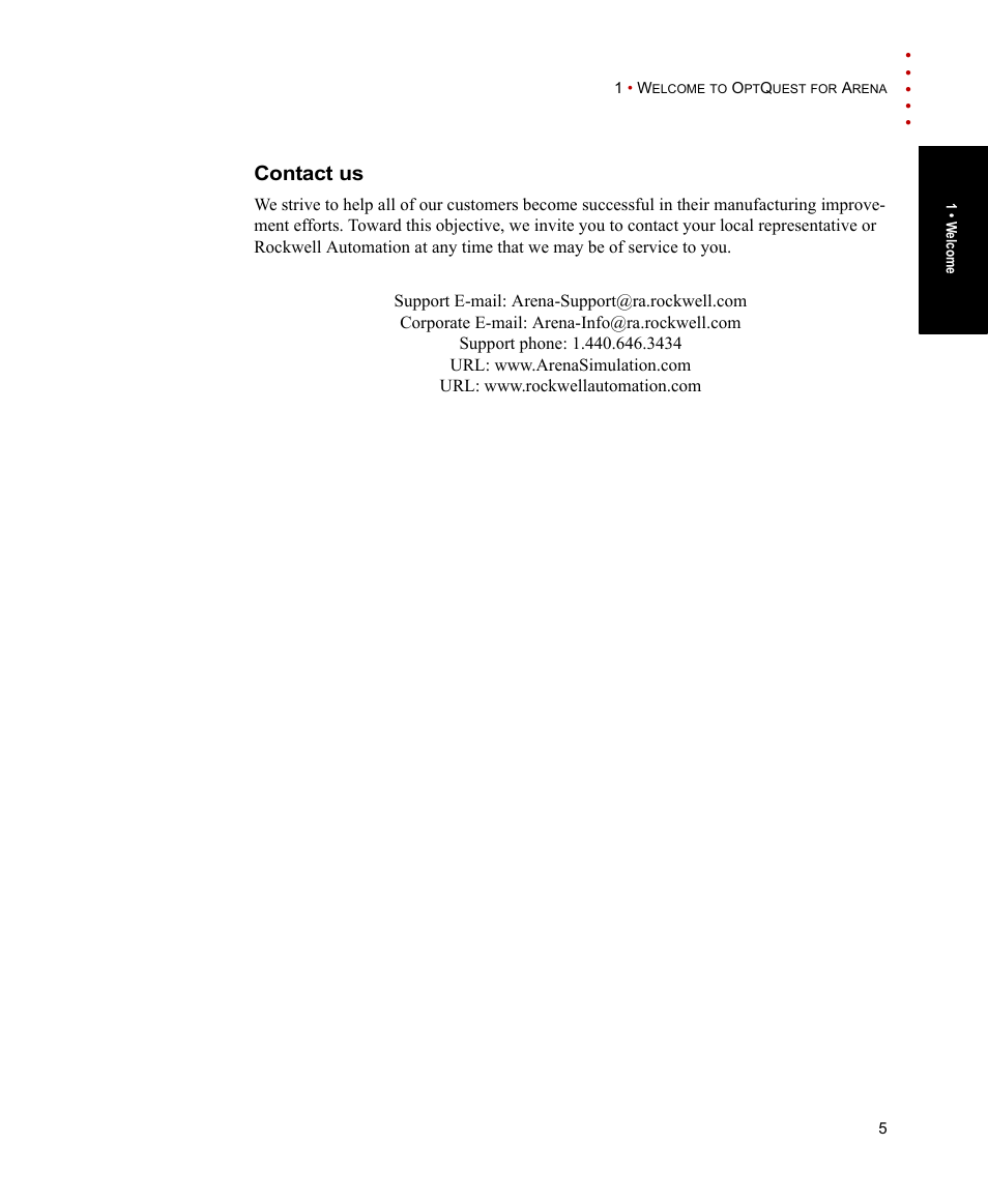 Contact us | Rockwell Automation Arena OptQuest Users Guide User Manual | Page 9 / 54