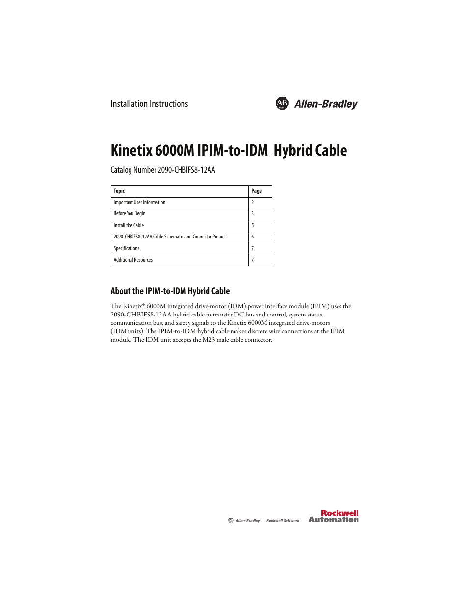 Rockwell Automation 2090-CHBIFS8-12AA Kinetix 6000M IPIM to IDM Hybrid Power Cable Installation Instructions User Manual | 8 pages