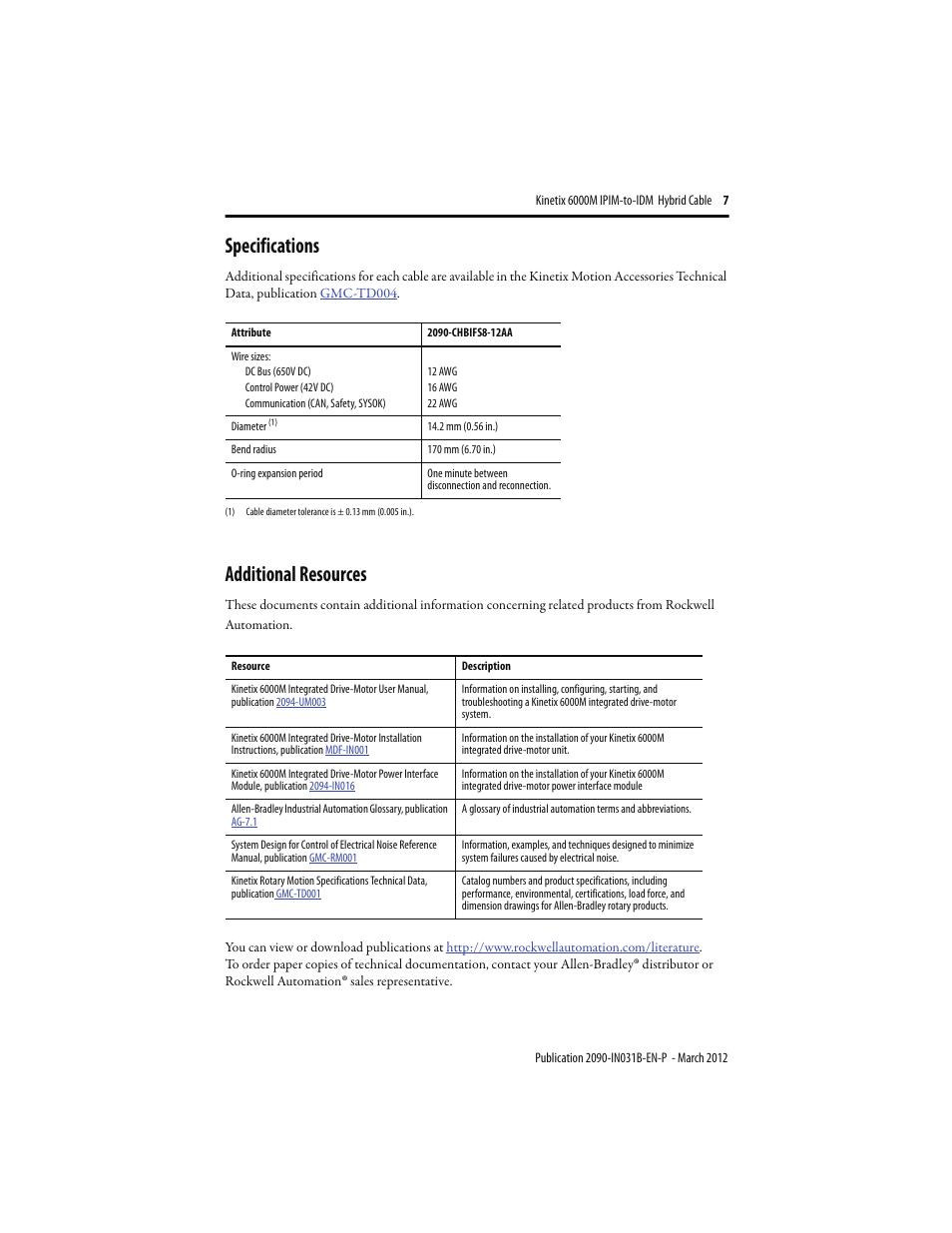 Specifications, Additional resources, Specifications 7 | Rockwell Automation 2090-CHBIFS8-12AA Kinetix 6000M IPIM to IDM Hybrid Power Cable Installation Instructions User Manual | Page 7 / 8
