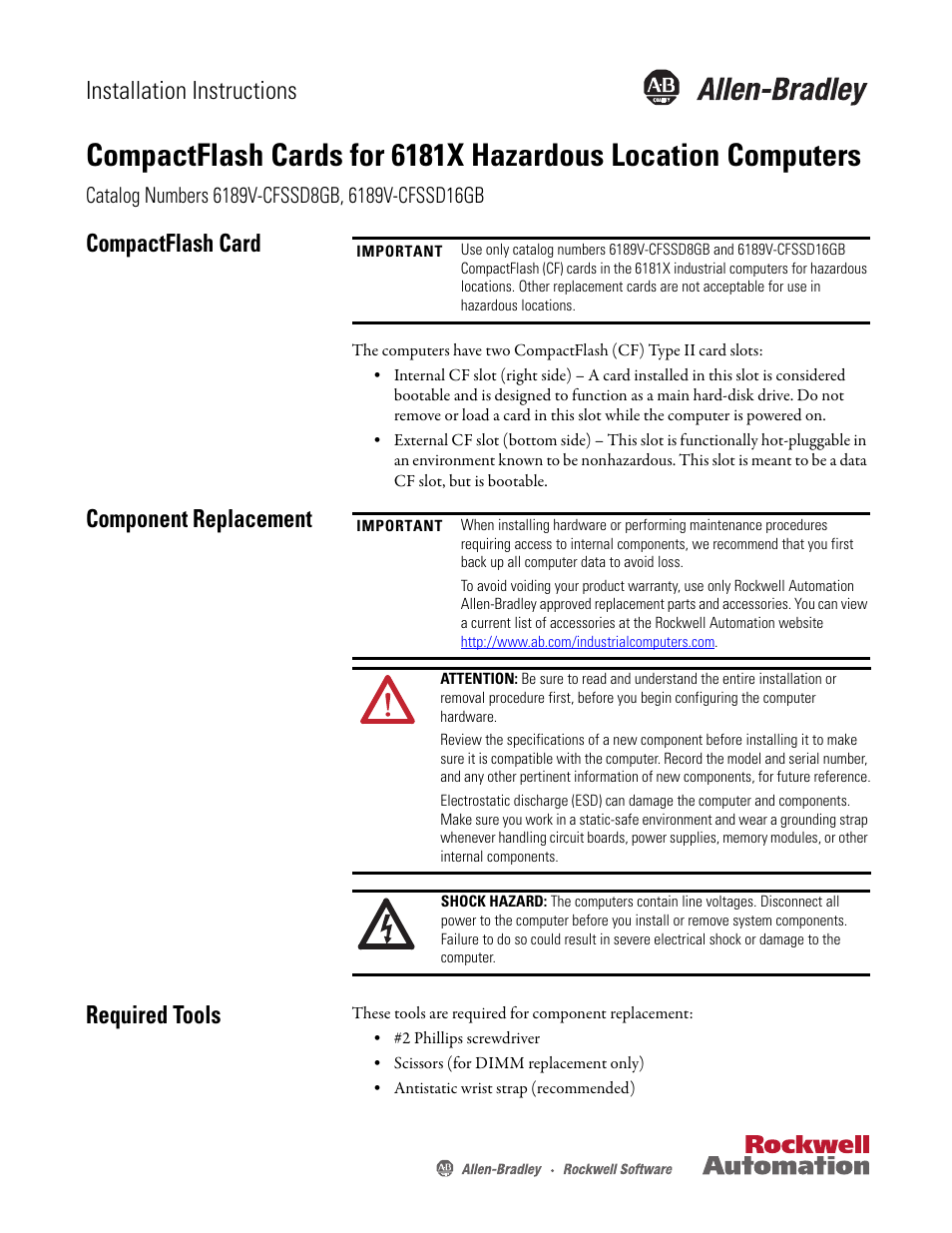 Rockwell Automation 6189V-4GDDR2 CompactFlash Cards for 6181X Hazardous Location Computers User Manual | 2 pages