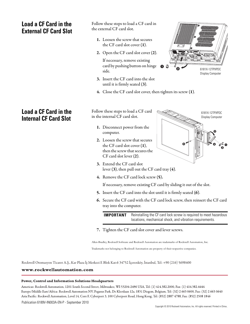 Load a cf card in the external cf card slot, Load a cf card in the internal cf card slot | Rockwell Automation 6189V-4GDDR2 CompactFlash Cards for 6181X Hazardous Location Computers User Manual | Page 2 / 2