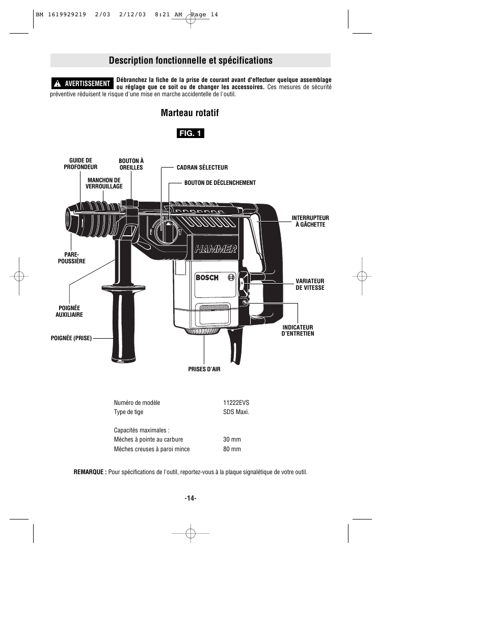 Description fonctionnelle et spécifications, Marteau rotatif | Bosch 11222EVS User Manual | Page 14 / 28