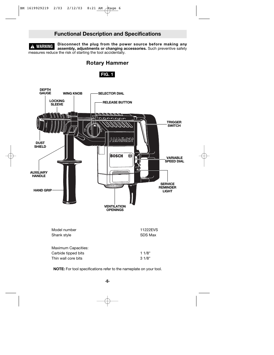 Functional description and specifications, Rotary hammer | Bosch 11222EVS User Manual | Page 6 / 28