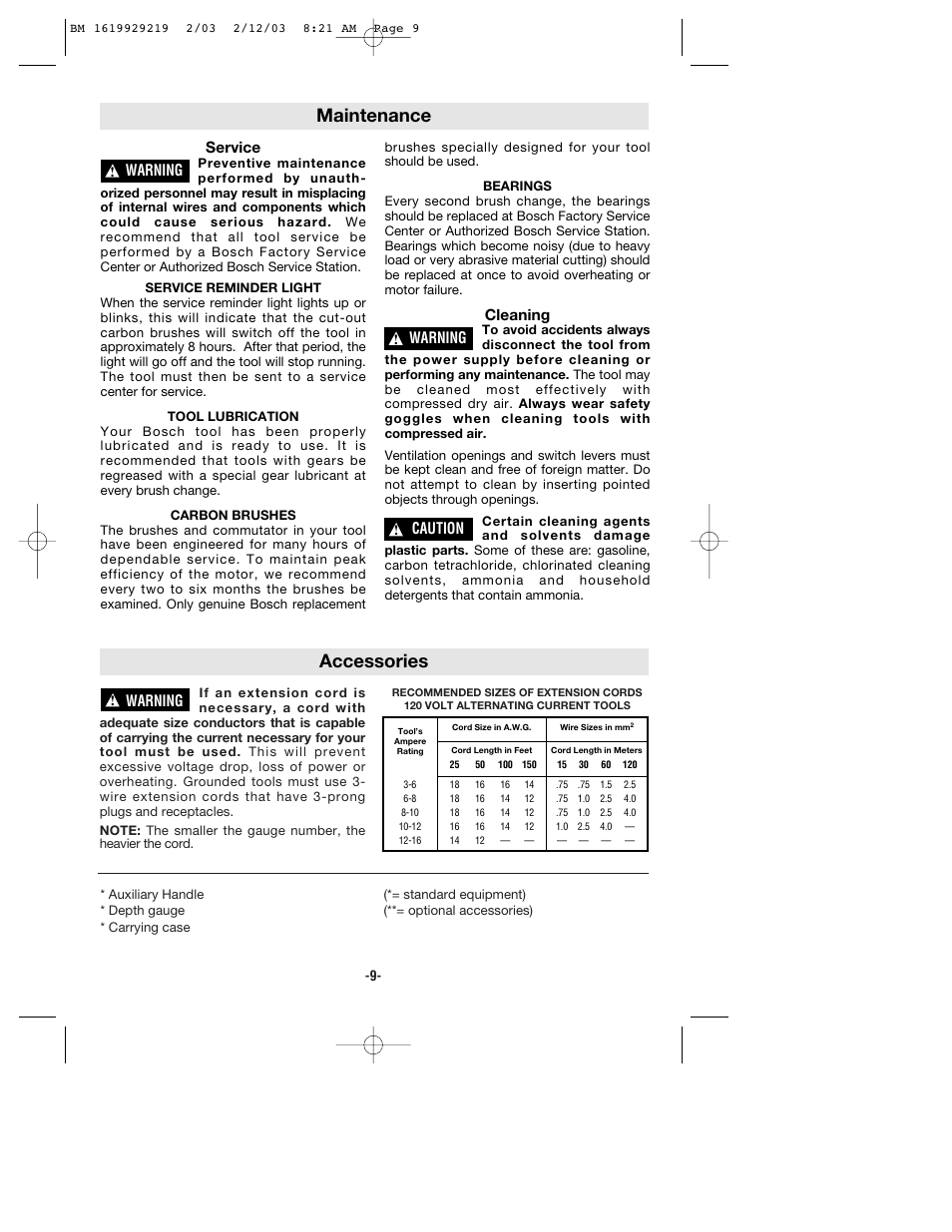 Accessories, Maintenance, Warning | Service, Cleaning, Caution | Bosch 11222EVS User Manual | Page 9 / 28