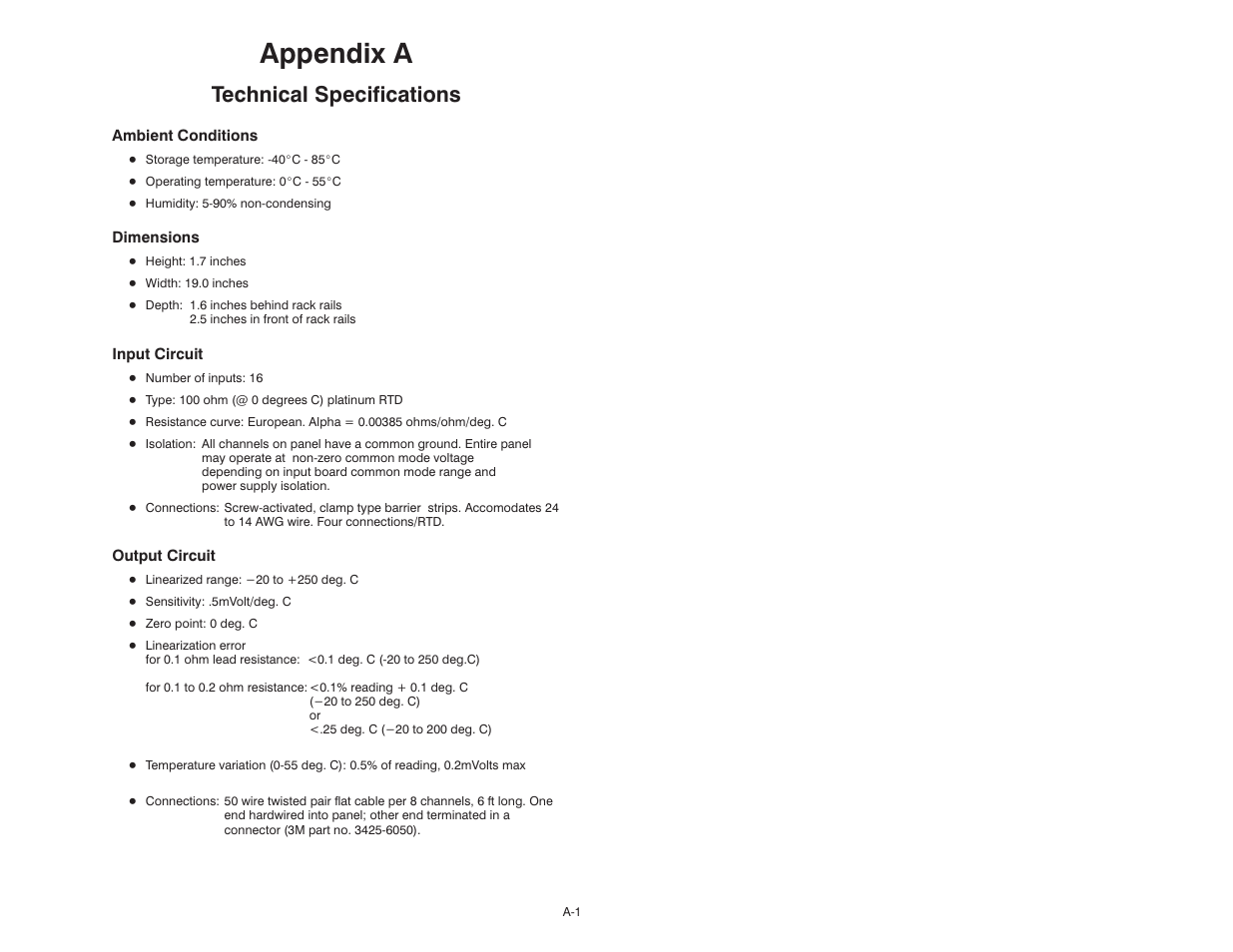 A technical specifications, Appendix a, Technical specifications | Rockwell Automation 61C615 RTD Termination Panel User Manual | Page 17 / 26