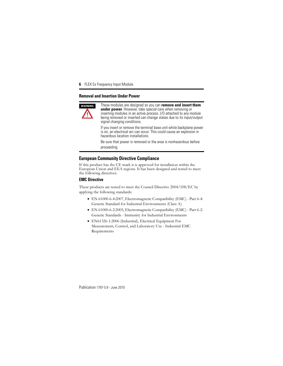 European community directive compliance, Removal and insertion under power | Rockwell Automation 1797-IJ2 FLEX Ex Frequency Input Module User Manual | Page 6 / 32
