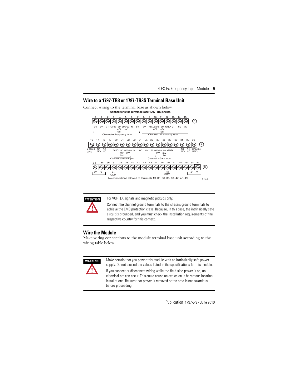 Wire to a 1797-tb3 or 1797-tb3s terminal base unit, Wire the module, Flex ex frequency input module 9 publication | Connect wiring to the terminal base as shown below | Rockwell Automation 1797-IJ2 FLEX Ex Frequency Input Module User Manual | Page 9 / 32