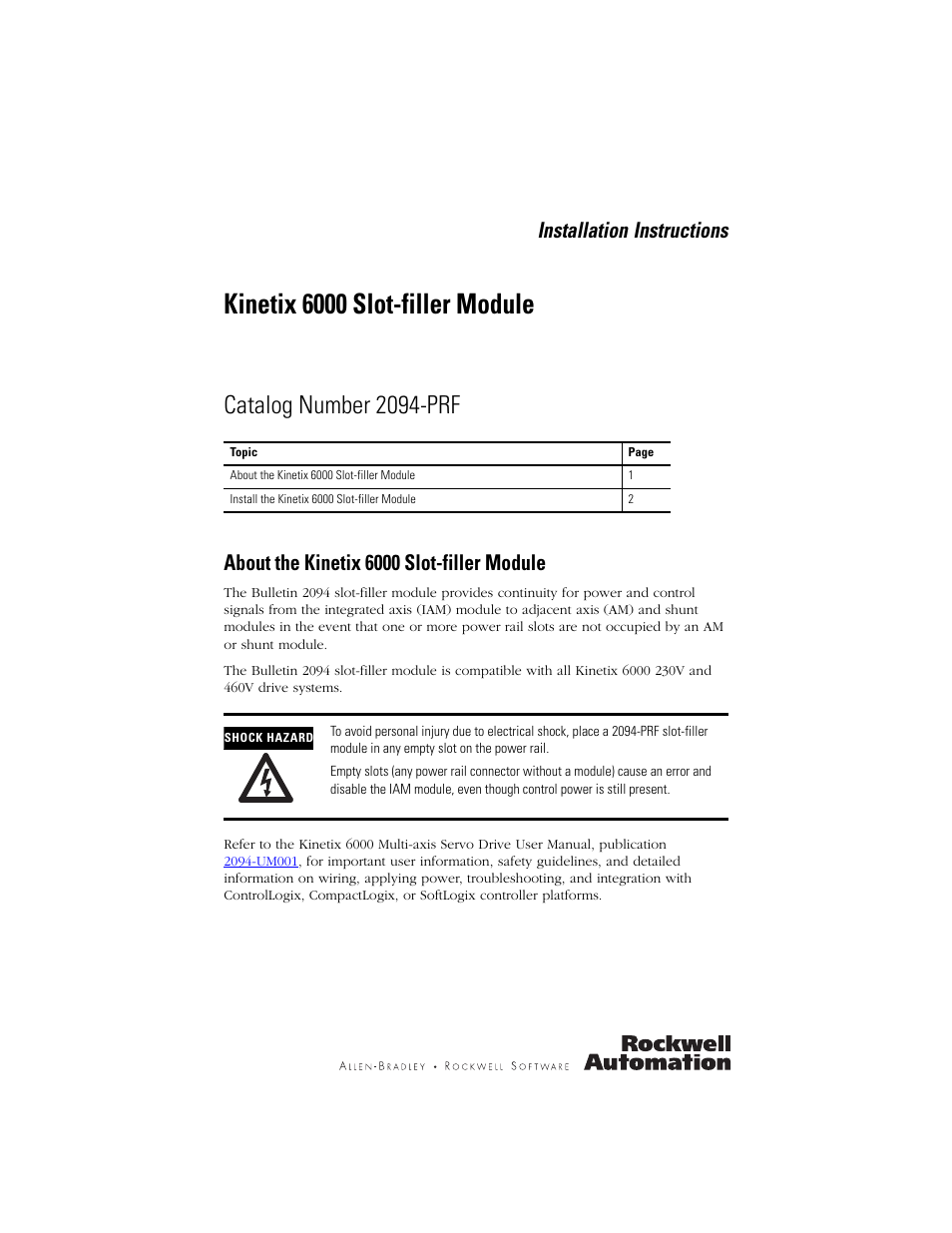 Rockwell Automation 2094-PRF Kinetix 6000 Slot-filler Module Install User Manual | 4 pages