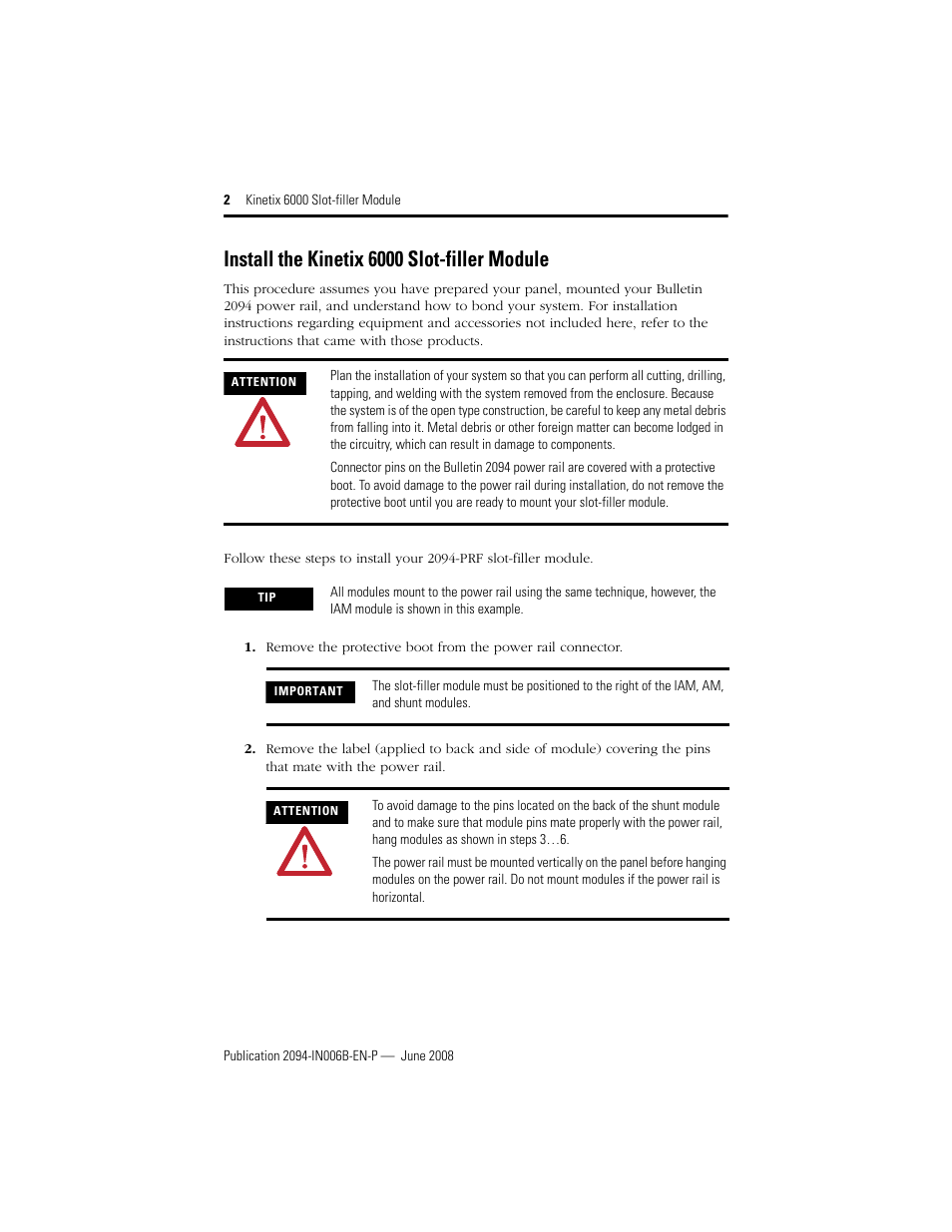 Install the kinetix 6000 slot-filler module | Rockwell Automation 2094-PRF Kinetix 6000 Slot-filler Module Install User Manual | Page 2 / 4