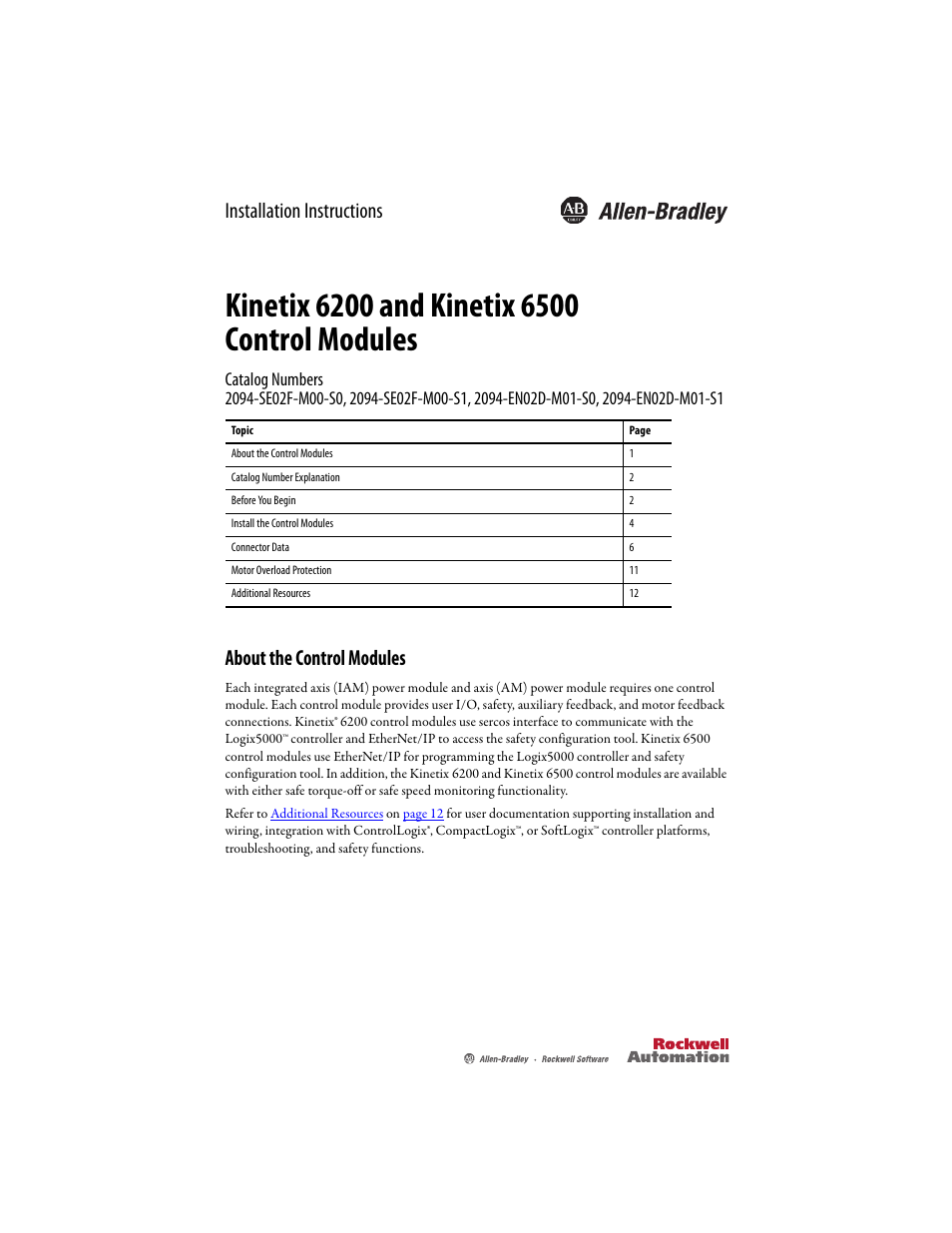 Rockwell Automation 2094-xxxx Kinetix 6200 and Kinetix 6500 Control Module Installation Instructions User Manual | 12 pages