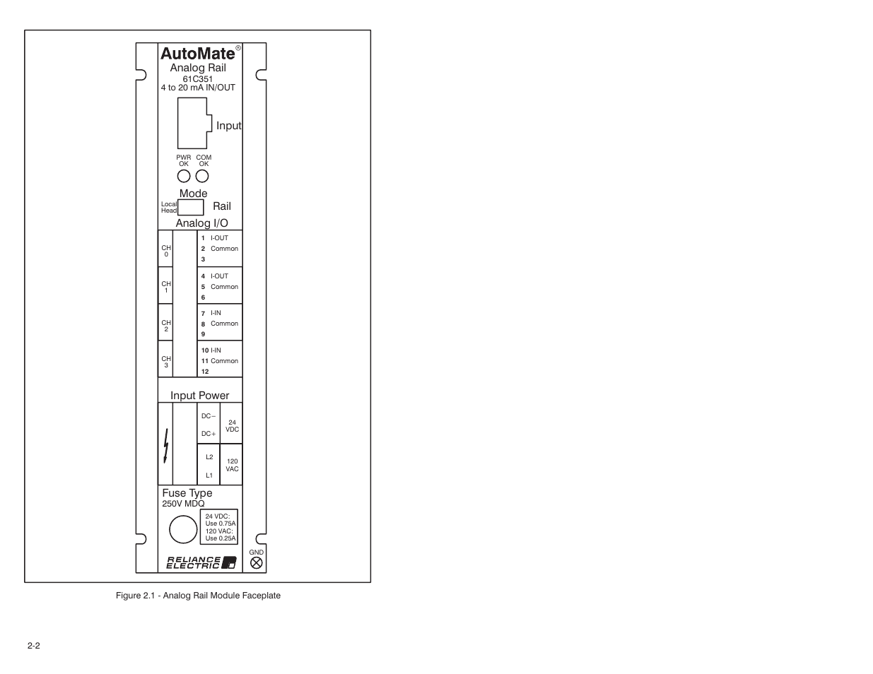 Fuse type, Input power analog i/o mode input analog rail, Rail | Rockwell Automation 61C351 2-In/2-Out 4-20 mA Analog Rail Module User Manual | Page 12 / 52