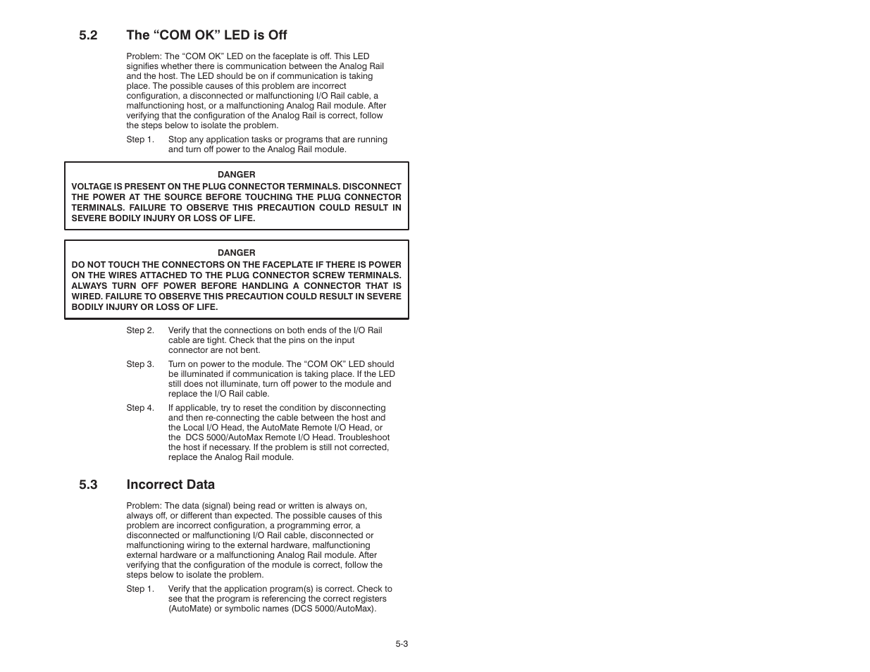 2 the "com ok" led is off, 3 incorrect data, 2 thecom ok" led is off | Rockwell Automation 61C351 2-In/2-Out 4-20 mA Analog Rail Module User Manual | Page 37 / 52