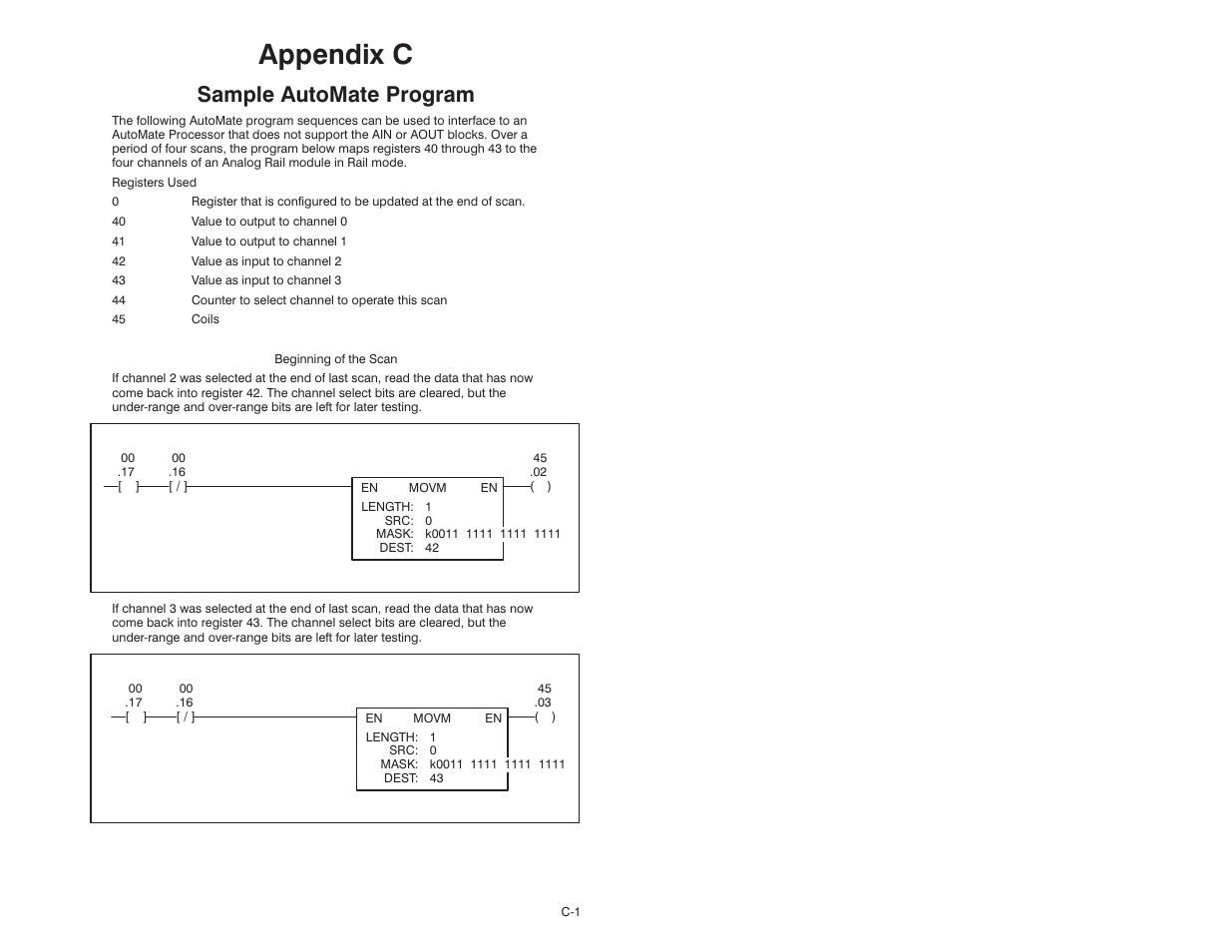 C sample automate program, Appendix c, Sample automate program | Rockwell Automation 61C351 2-In/2-Out 4-20 mA Analog Rail Module User Manual | Page 47 / 52