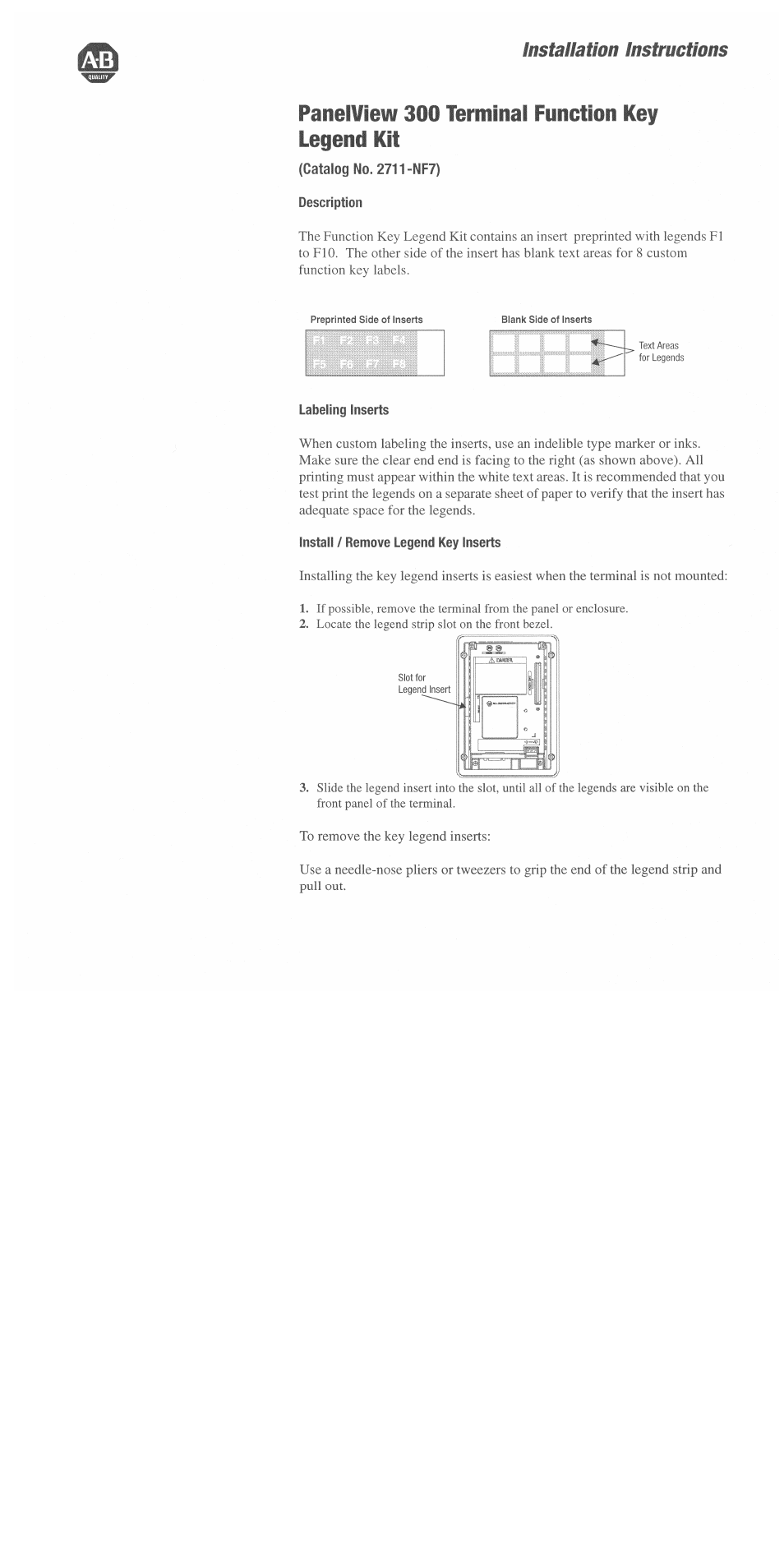Rockwell Automation 2711-NF7 PanelView 300 Terminal Function Legend Kit User Manual | 2 pages