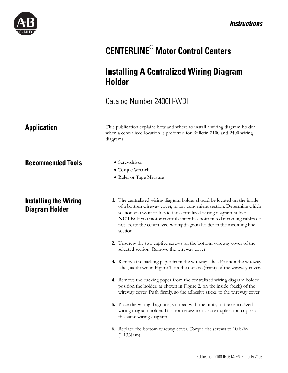 Rockwell Automation 2100 CENTERLINE MCCs Installing A Centralized Wiring Diagram Holder User Manual | 2 pages