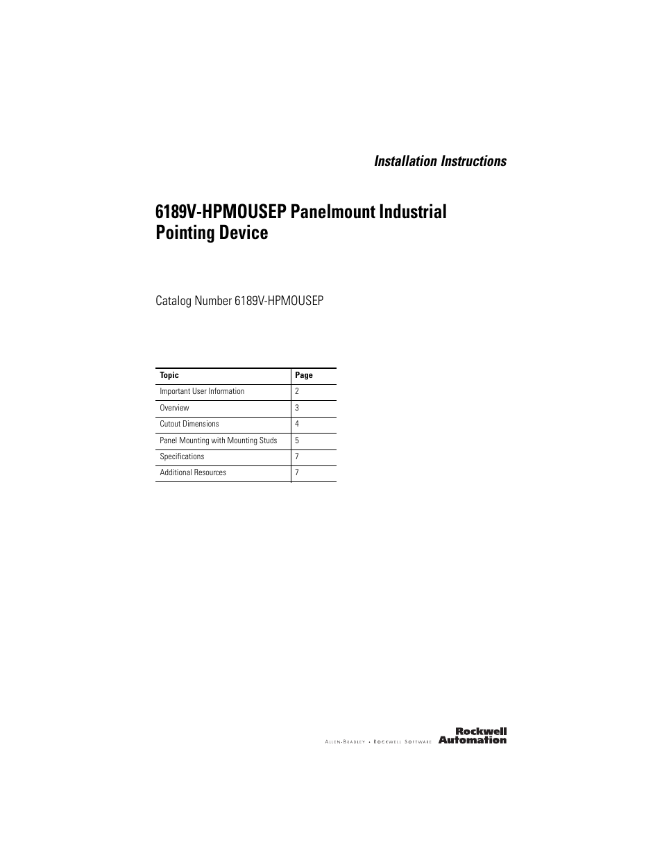 Rockwell Automation 6189V-HPMOUSEP Panelmount Industrial Pointing Device User Manual | 8 pages