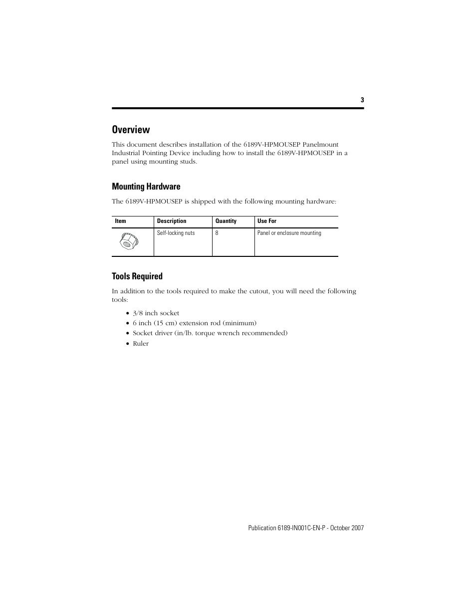 Overview, Mounting hardware, Tools required | Rockwell Automation 6189V-HPMOUSEP Panelmount Industrial Pointing Device User Manual | Page 3 / 8