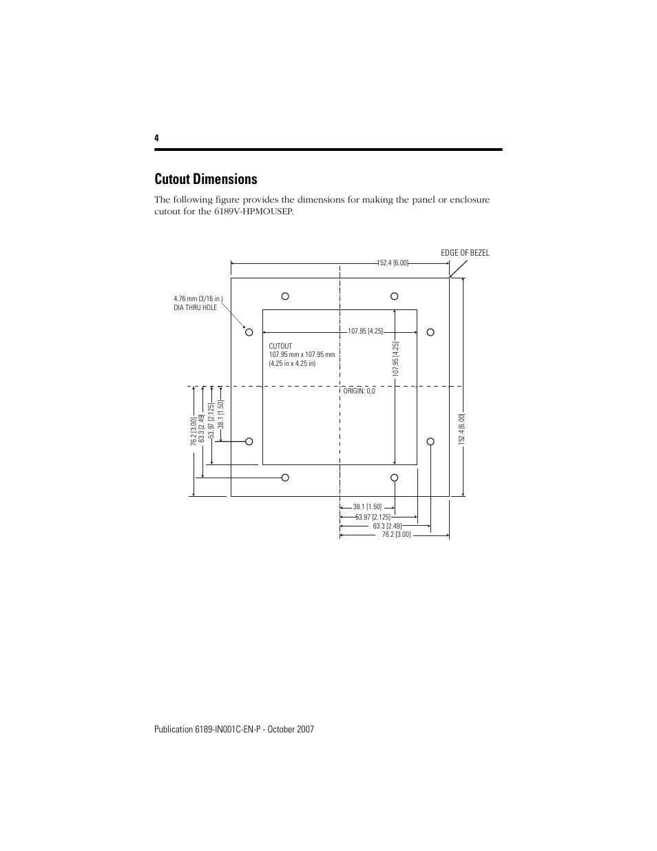 Cutout dimensions | Rockwell Automation 6189V-HPMOUSEP Panelmount Industrial Pointing Device User Manual | Page 4 / 8