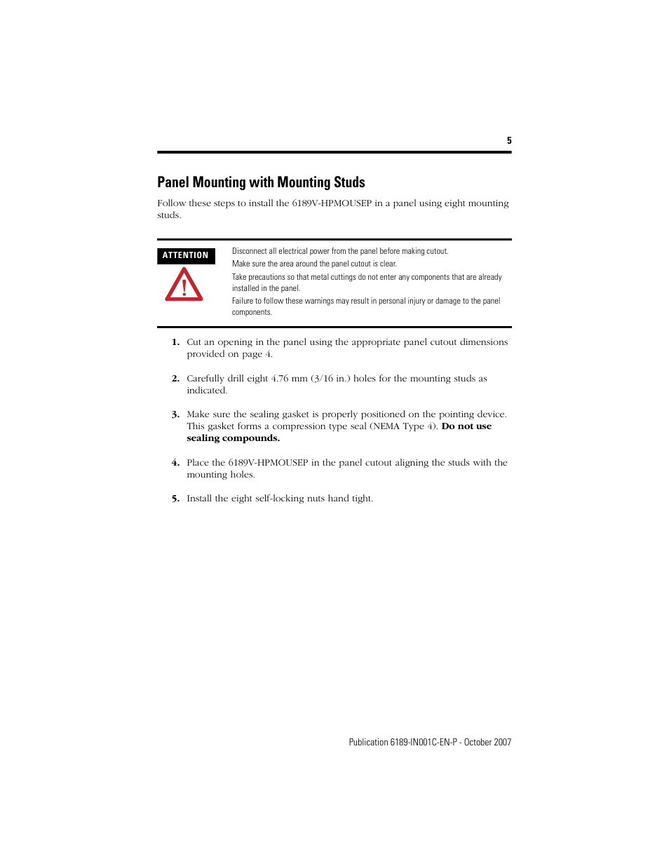 Panel mounting with mounting studs | Rockwell Automation 6189V-HPMOUSEP Panelmount Industrial Pointing Device User Manual | Page 5 / 8