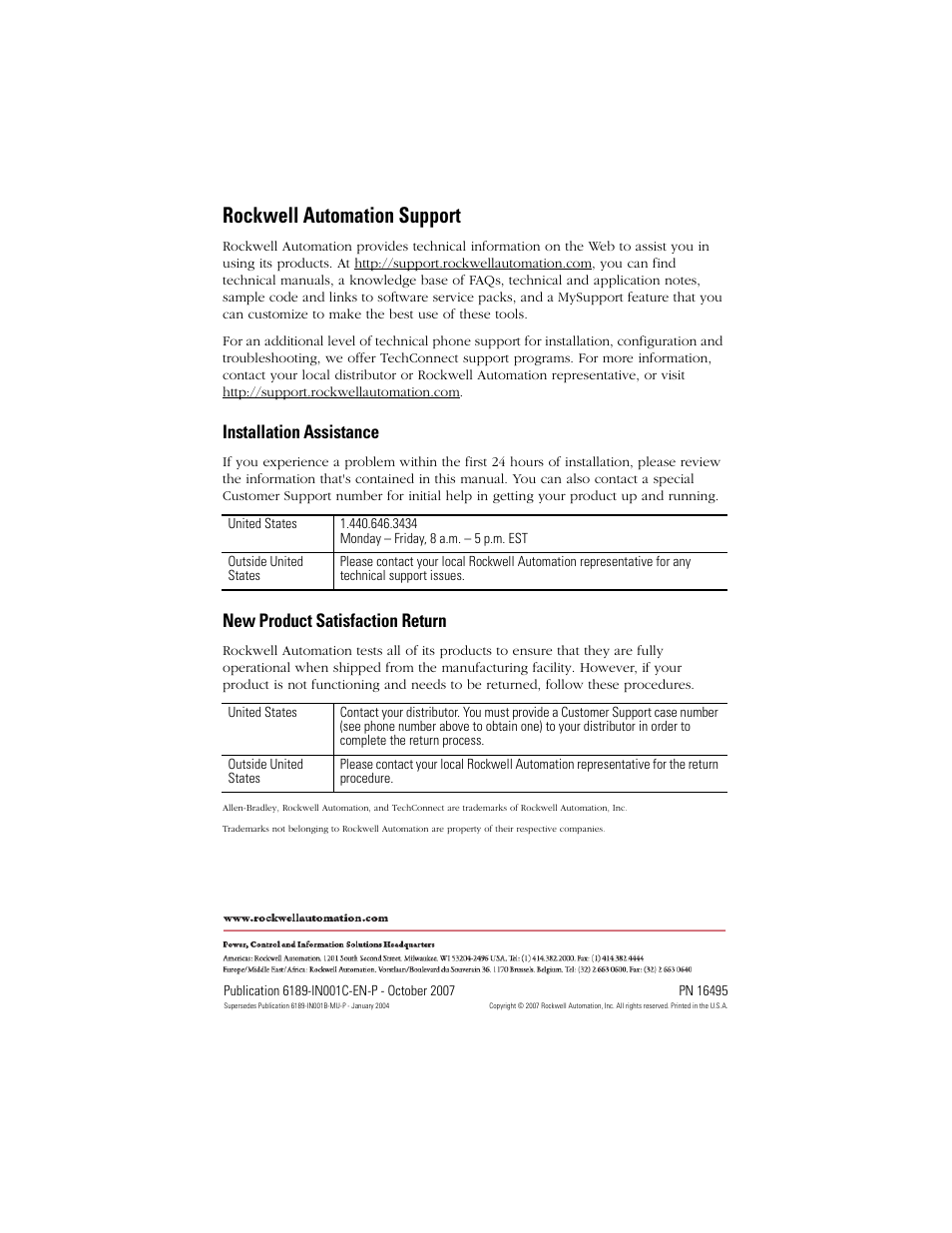 Rockwell automation support, Installation assistance, New product satisfaction return | Rockwell Automation 6189V-HPMOUSEP Panelmount Industrial Pointing Device User Manual | Page 8 / 8