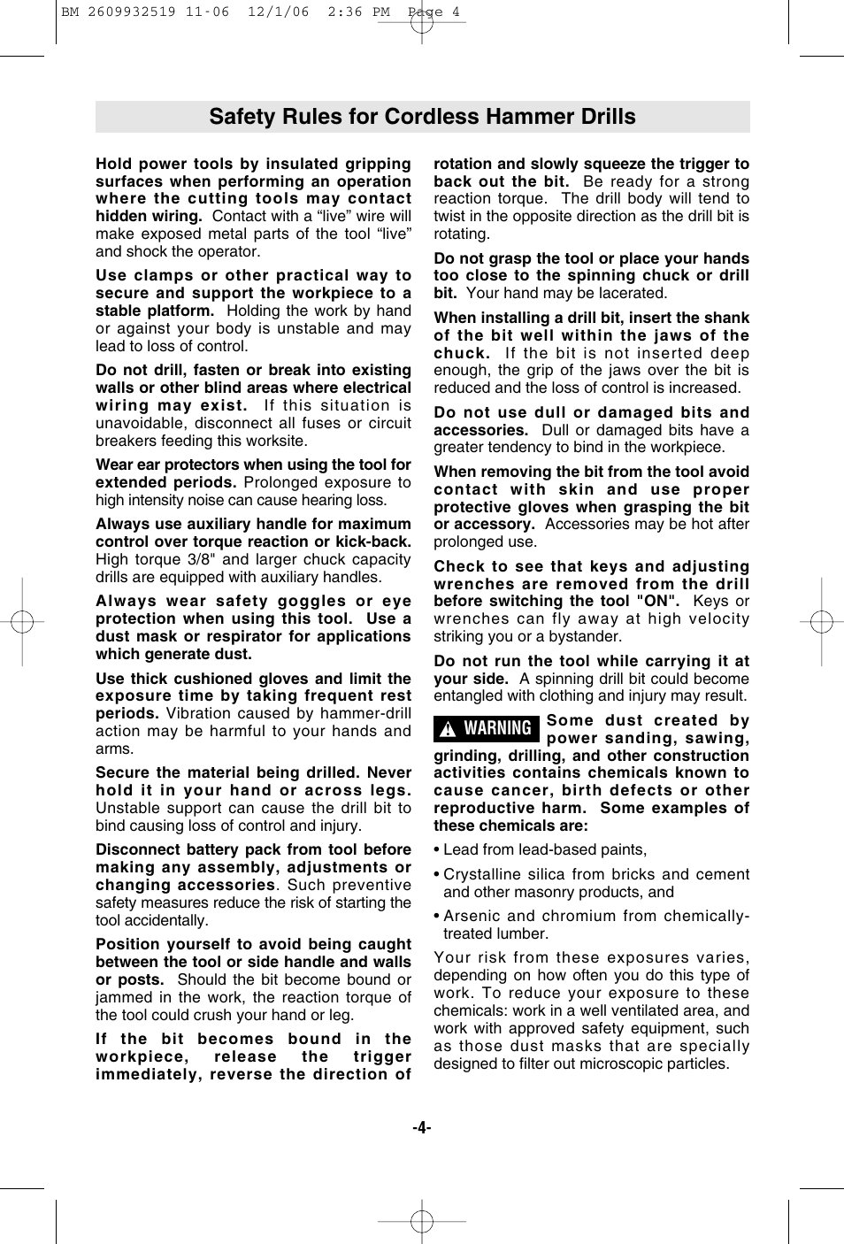 Safety rules for cordless hammer drills | Bosch 15618 User Manual | Page 4 / 56