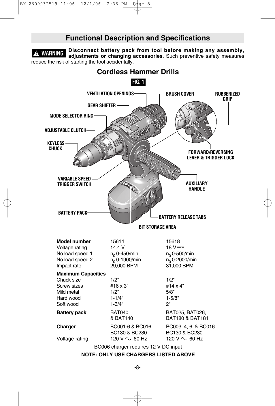 Functional description and specifications, Cordless hammer drills | Bosch 15618 User Manual | Page 8 / 56