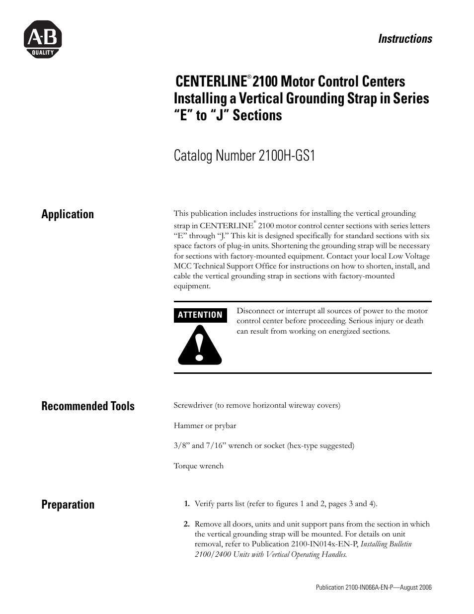 Rockwell Automation 2100 CENTERLINE MCC Installing a Vertical Grounding Strap User Manual | 4 pages