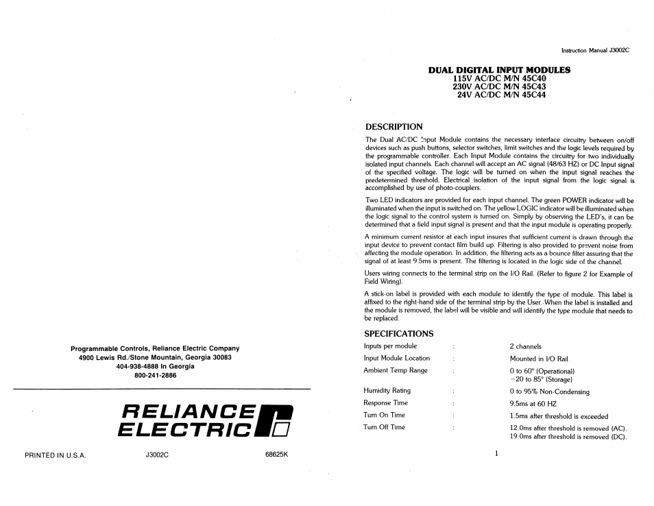 Rockwell Automation 45C44 Dual Digital Input Modules User Manual | 4 pages