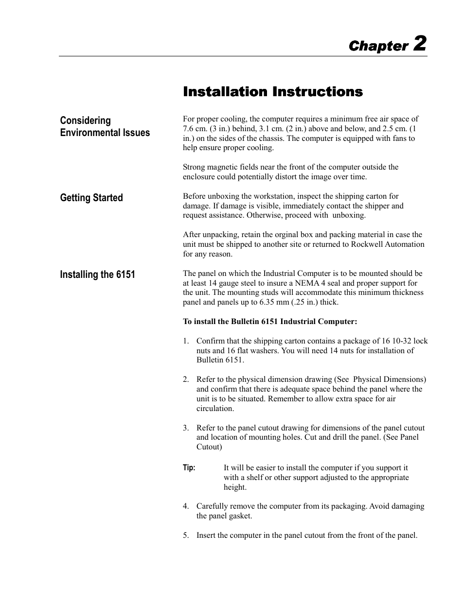 2 - installation instructions, Considering environmental issues, Getting started | Installing the 6151, Installation instructions, Chapter | Rockwell Automation 6151 Industrial Computer User Manual | Page 11 / 32