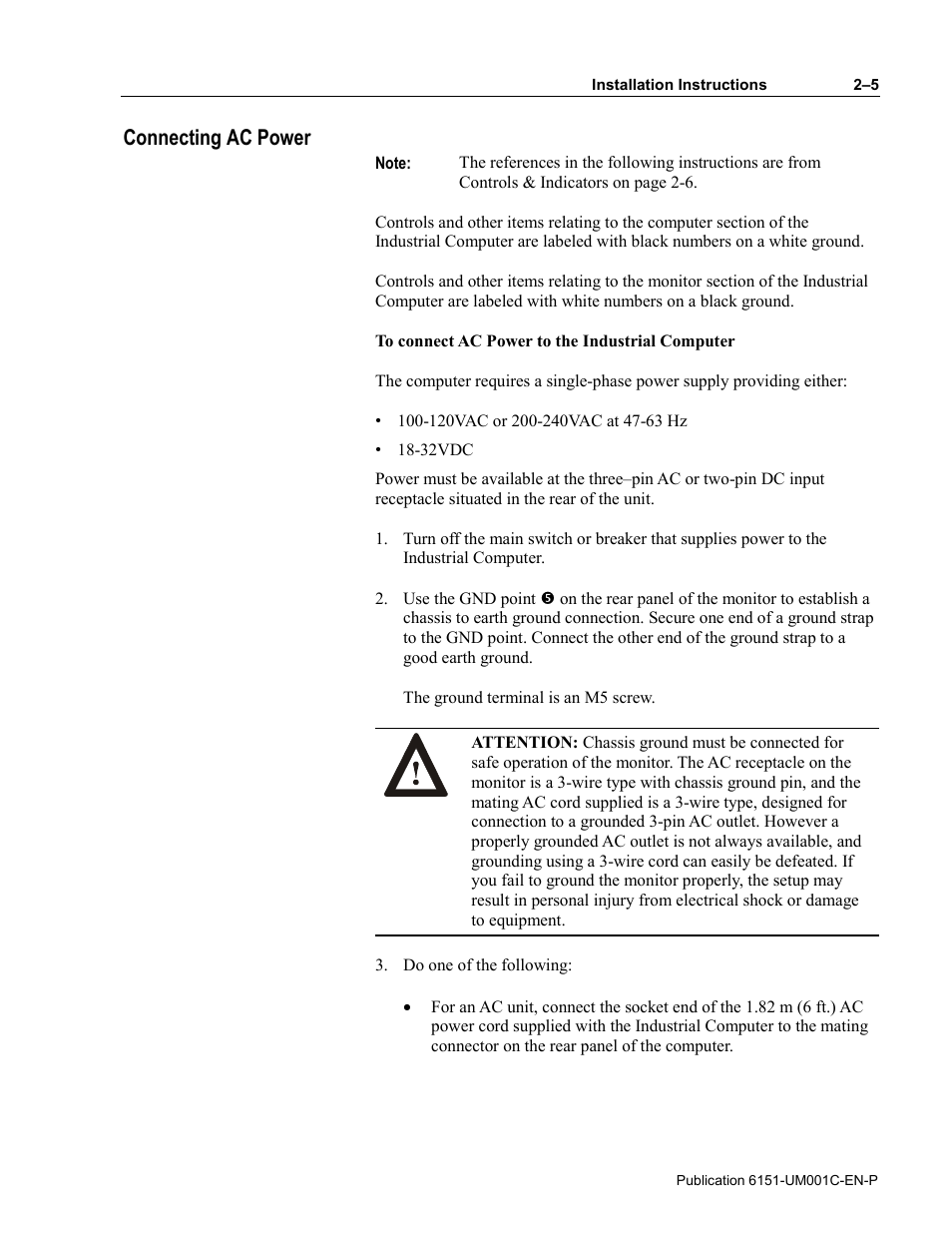 Connecting ac power, Connecting ac power -5 | Rockwell Automation 6151 Industrial Computer User Manual | Page 15 / 32