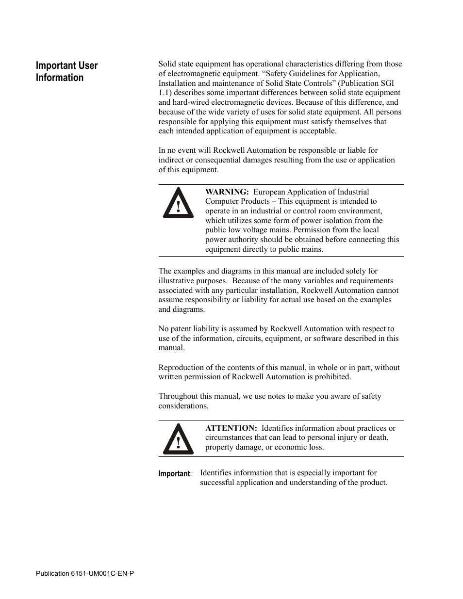 Important user information | Rockwell Automation 6151 Industrial Computer User Manual | Page 2 / 32