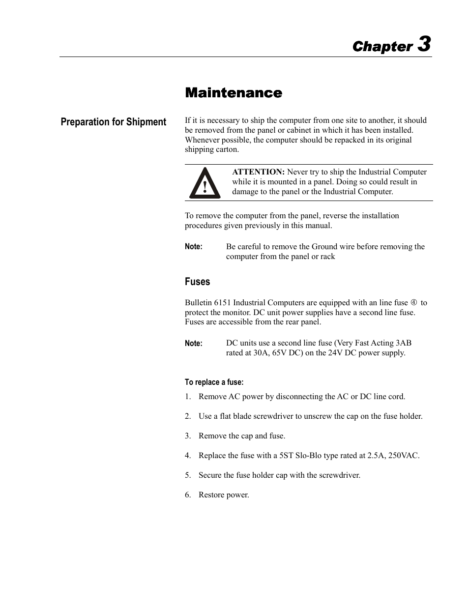 3 - maintenance, Preparation for shipment, Maintenance | Chapter | Rockwell Automation 6151 Industrial Computer User Manual | Page 25 / 32