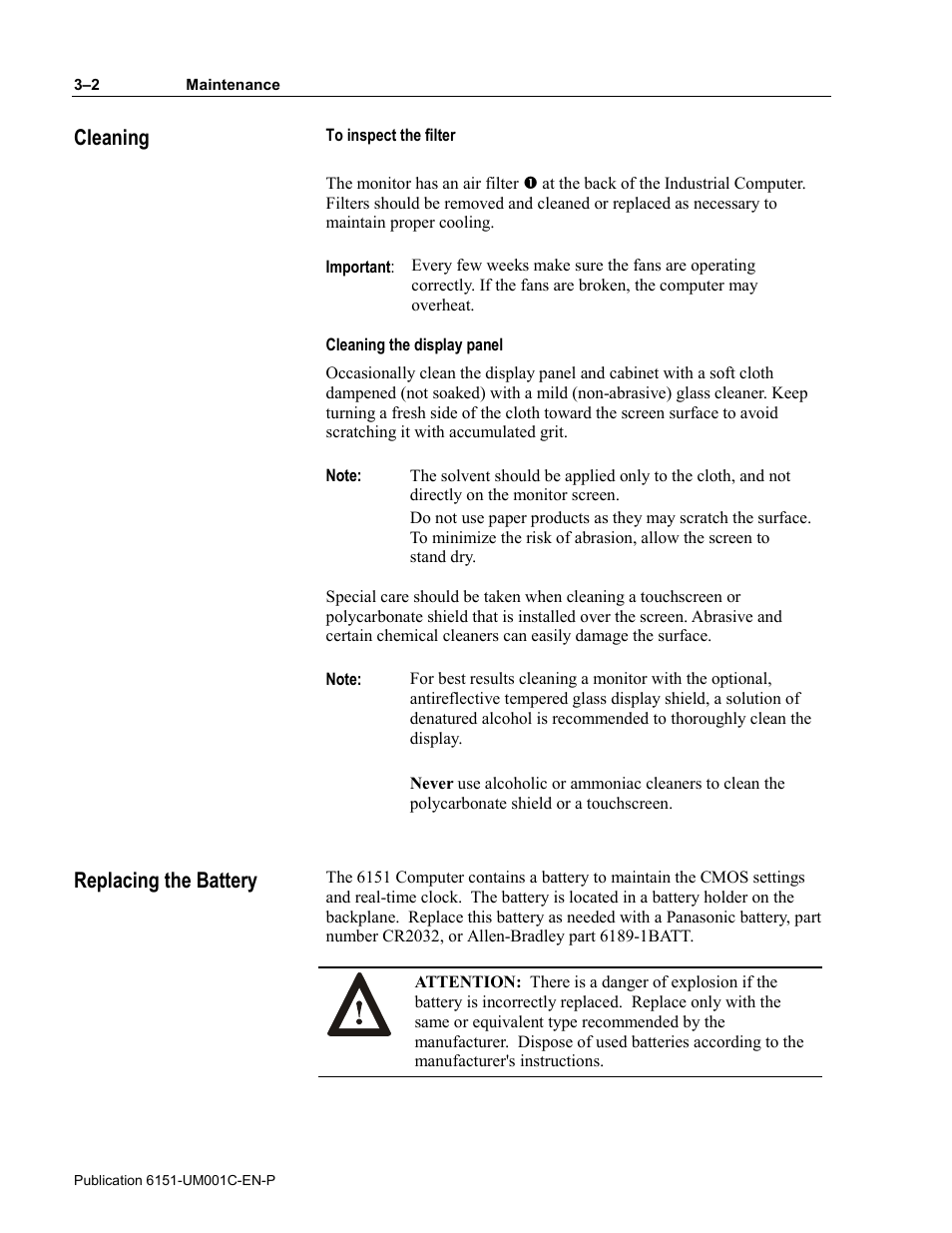 Cleaning, Replacing the battery, Cleaning replacing the battery | Rockwell Automation 6151 Industrial Computer User Manual | Page 26 / 32